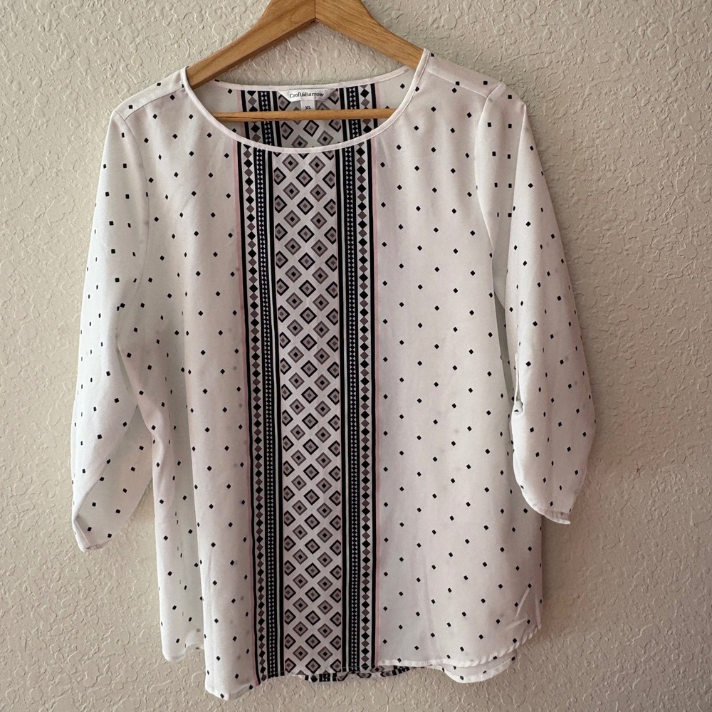 Croft & Barrow Geometric Print Roll Tab Sleeve Blouse XL White